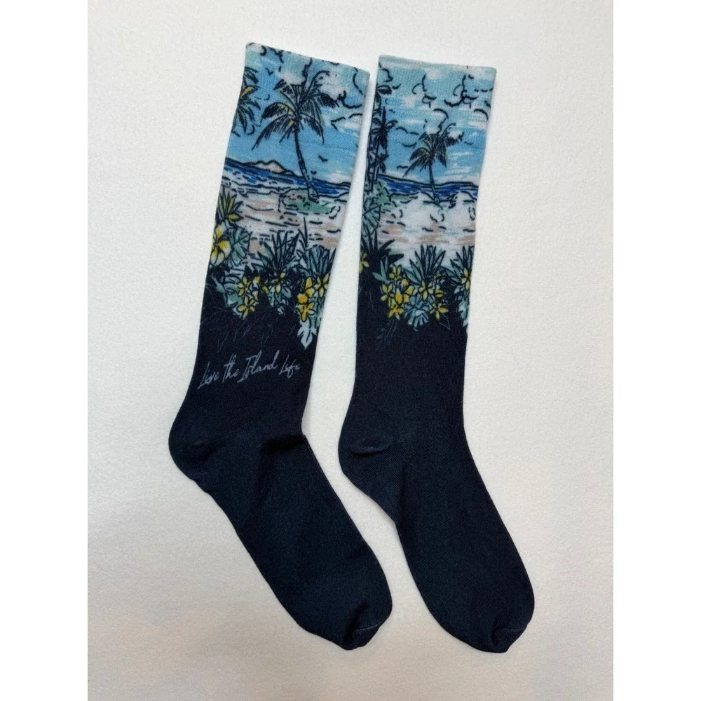 Tommy Bahama Navy Blue Live the Island Life Tropical Beach Palm Tree Crew Socks